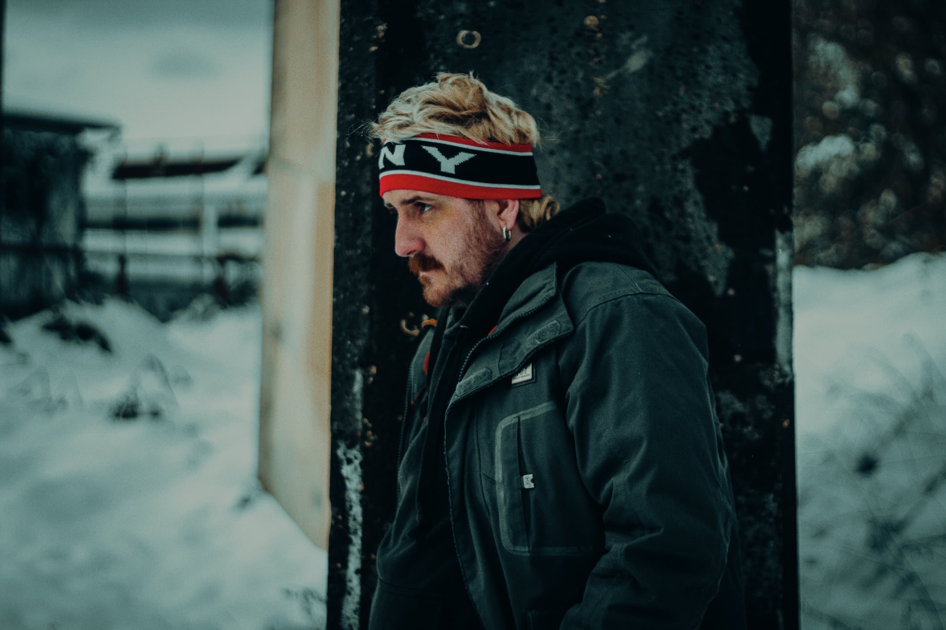 Man in a knit headband in the snow