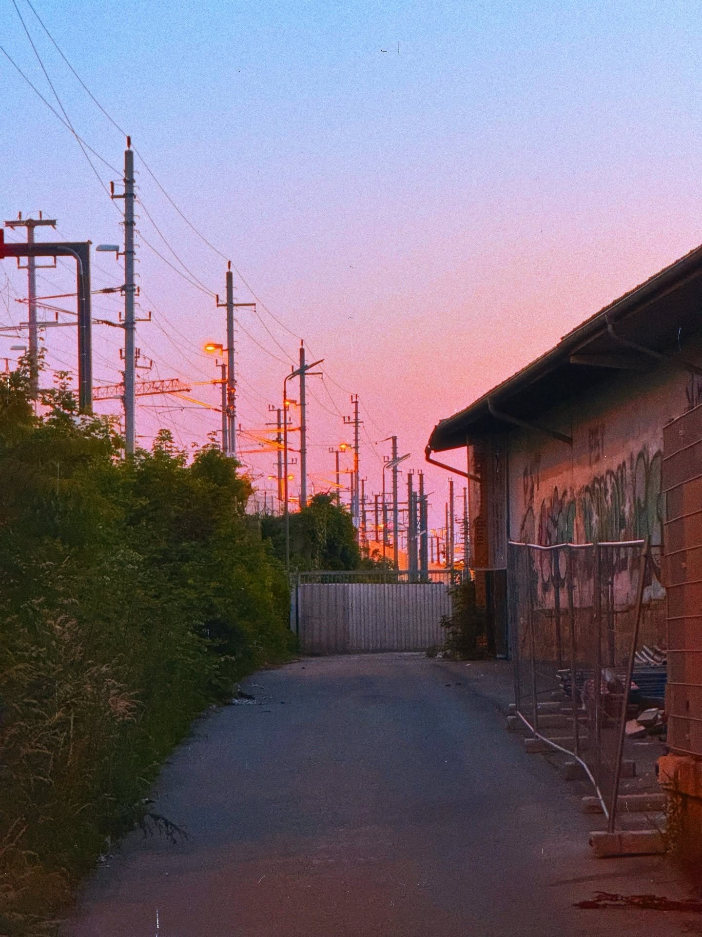 Railway masts and a graffiti shed at pink dusk